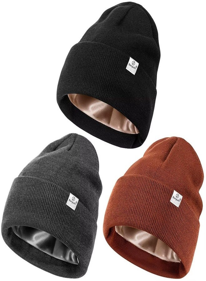 SENPUKI 3 Pack Satin Lined Winter Beanie Hats for Women Men,Silk Lined Beanie Knit Soft Warm Cuffed Hat(Black+Dark Gray+Caramel) - Image 1